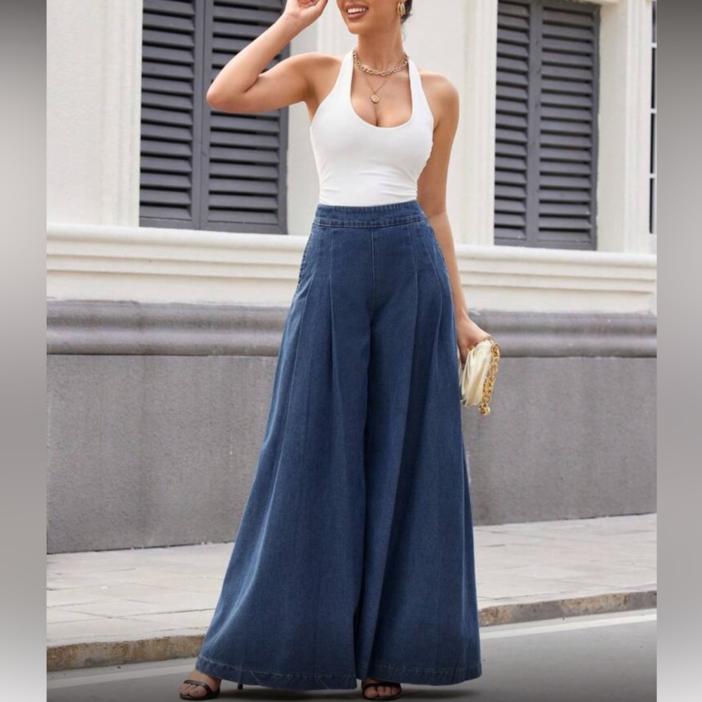 Wide Leg Dark Blue Jeans for Women - Denim Palazzo Pants - Picture 4 of 5